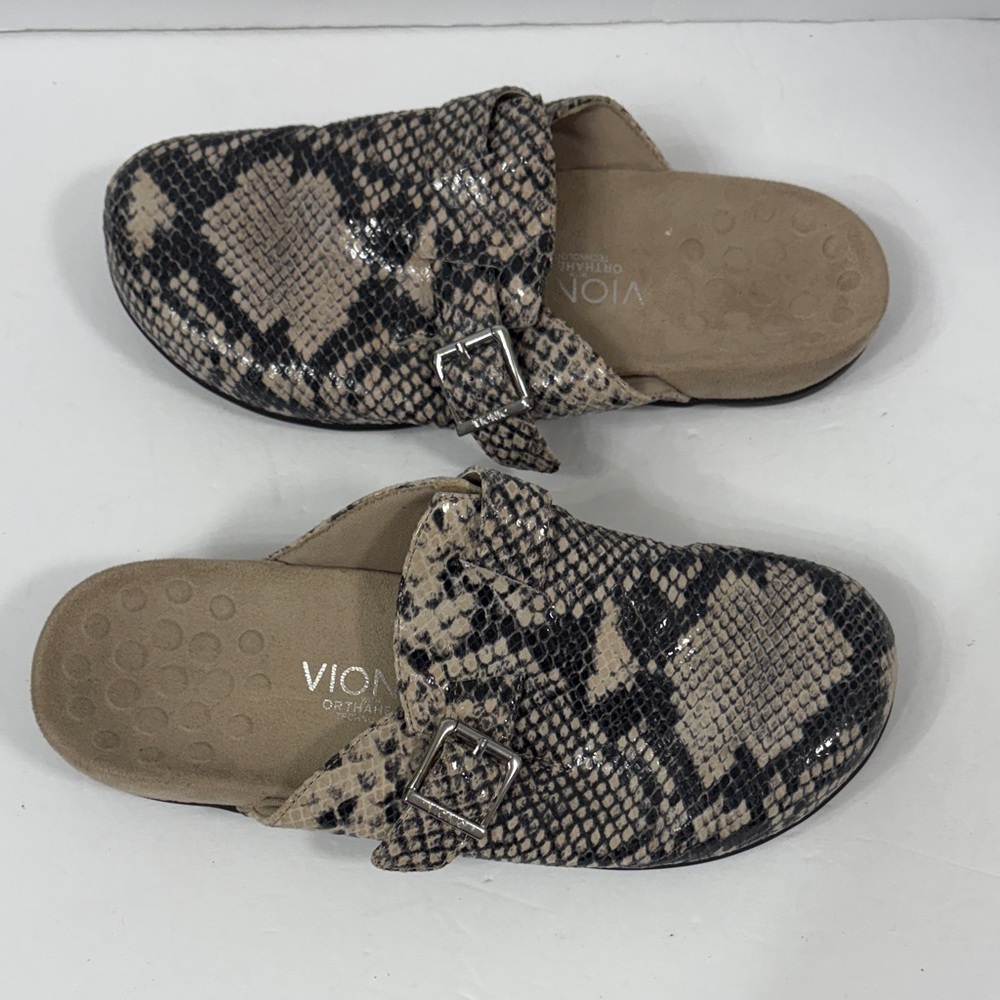 Vionic Calgary Slip On Tan/Brown Snake Print Orthaheel Clog Mules